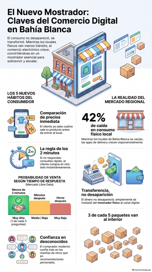 Infografía vertical: el nuevo mostrador, claves del comercio digital en Bahía Blanca.